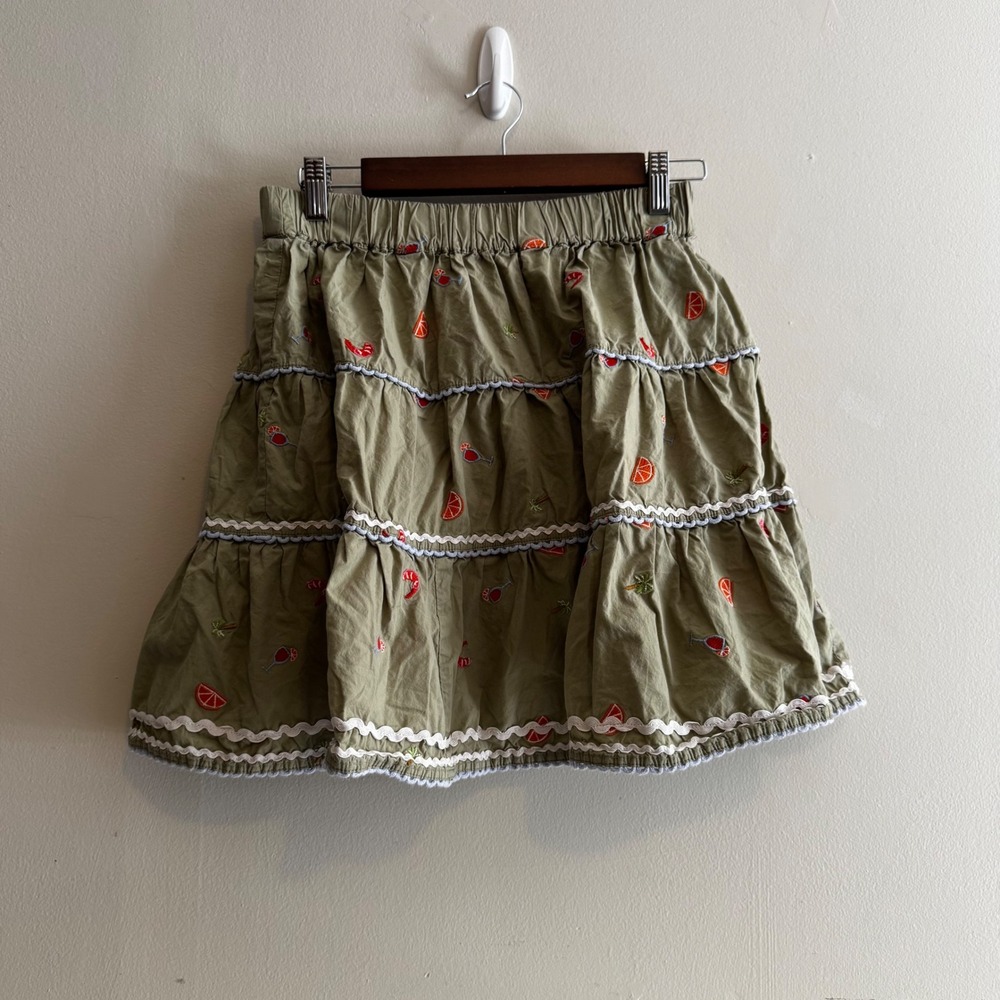 Roller Rabbit Women's Olive Green Embroidered Tiered Mini Skirt Medium Cotton